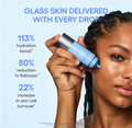 Woman holding a skincare product with text about hydration boost and skin benefits on a blue background, Laneige Water Bank Aqua Facial Serum 30ml