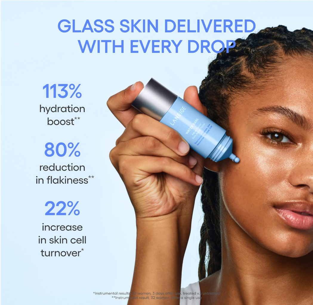 Woman holding a skincare product with text about hydration boost and skin benefits on a blue background, Laneige Water Bank Aqua Facial Serum 30ml