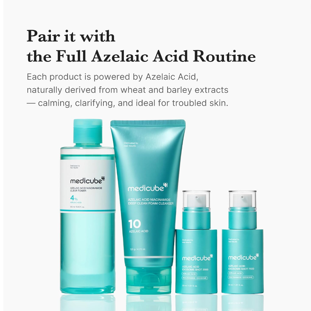A bottle of medicube Azelaic Acid Niacinamide Clear Toner with a turquoise cap and turquoise liquid, set against a white background with a translucent turquoise oval graphic behind it, Medicube Azelaic Acid Niacinamide Clarifying Toner 250ml