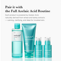 Four Medicube skincare products in a coordinated aqua and teal colorway are arranged on a white background with promotional text above reading 'Pair it with the Full Azelaic Acid Routine.' The set includes a cleanser bottle, a face cleanser tube, and two pump bottles, Medicube Azelaic Acid Niacinamide Clarifying Toner 250ml