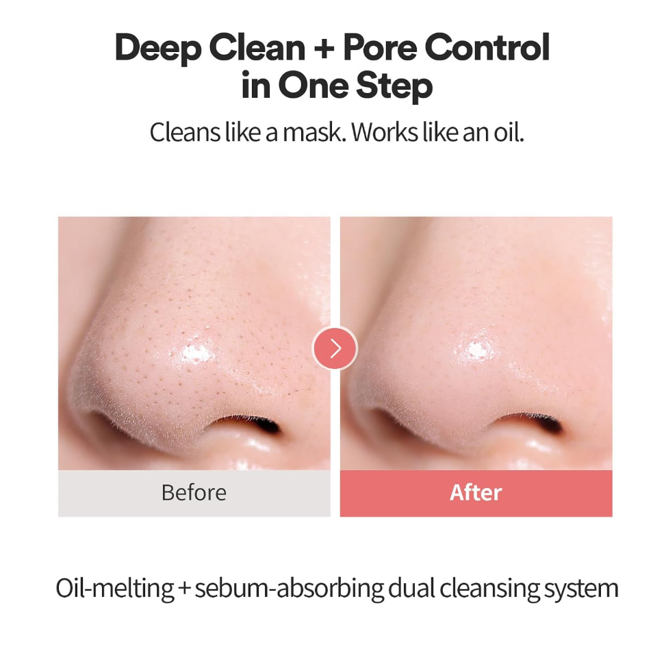 Before-and-after comparison of a nose before and after deep cleansing, showing a clearer, smoother complexion on the right labeled 'After'. TOCOBO Calamine Pore Control Cleansing Oil 200ml