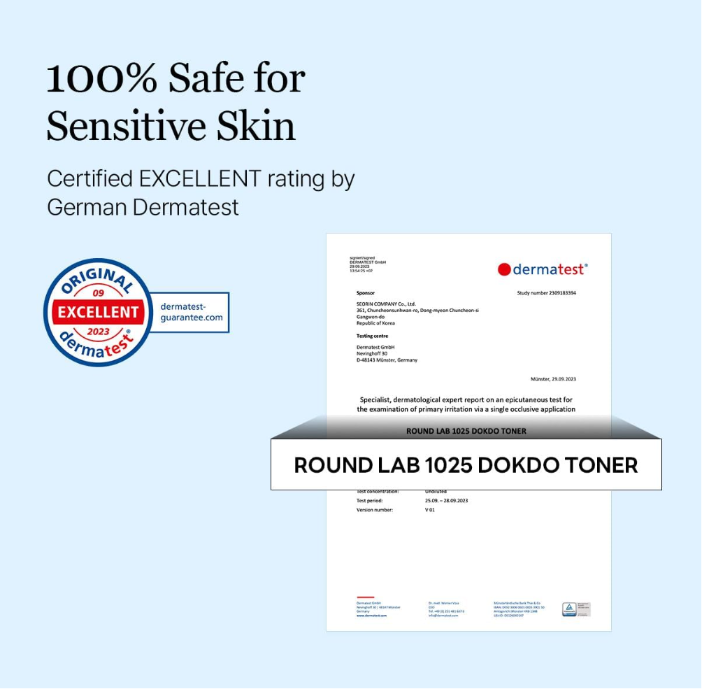 Round Lab 1025 Dokdo Toner packaging with German Dermatest certification on a light blue background, Round Lab 1025 Dokdo Toner 500ml