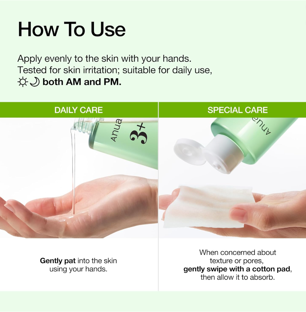 Instructions on how to use a skincare product with text and images of hands applying the product, Azelaic Acid 3 Cica Skin Clarifying Toner 250ml