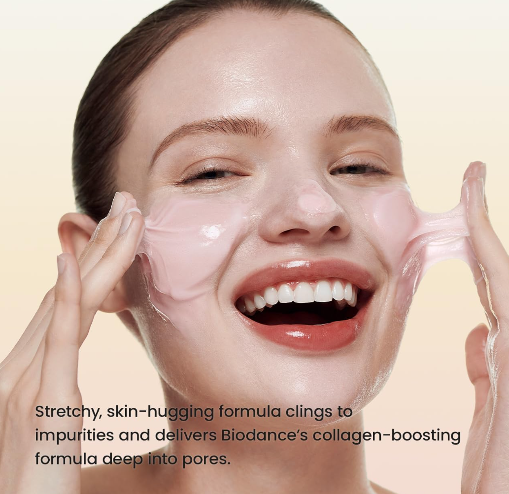 Woman applying a skincare product to her face with a beige background, Biodance Collagen Mask To Foam Cleanser 150ml