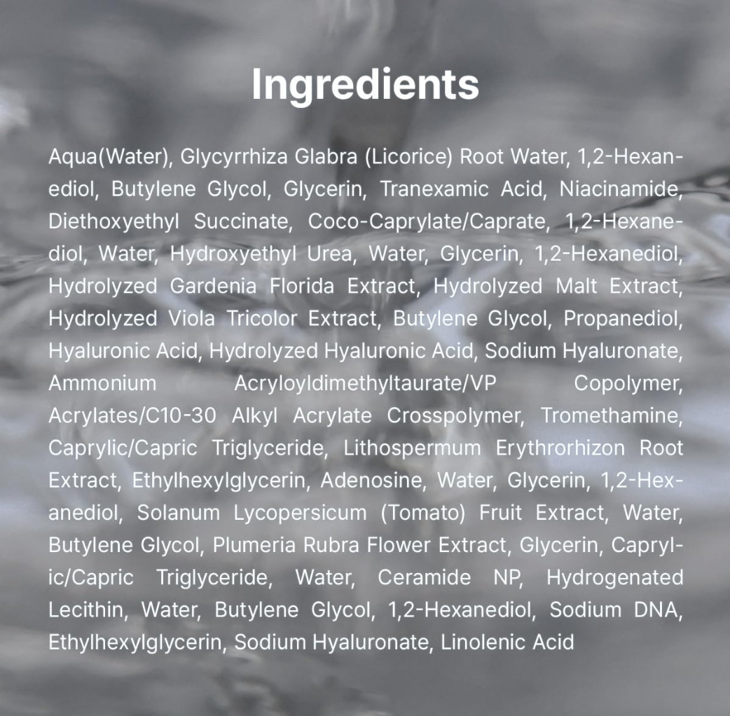 List of ingredients with a blurred background, Dr.Althea Melaclear Cream 20g