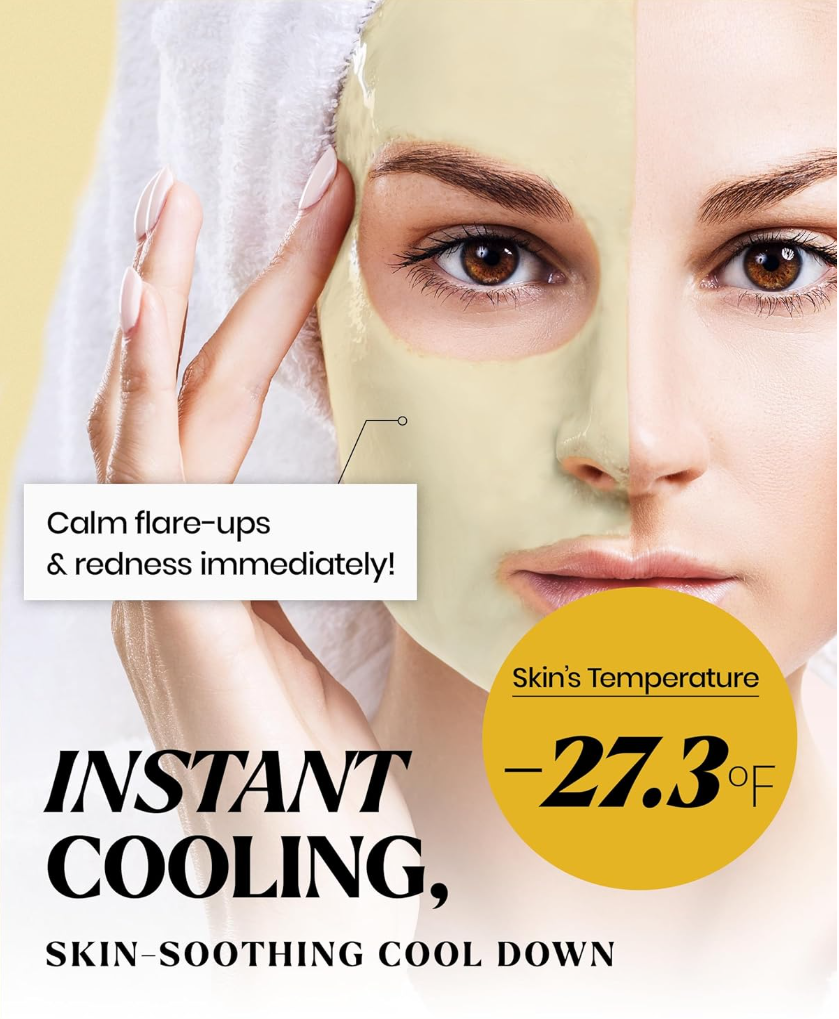 Woman wearing a cooling face mask with text highlighting its benefits, Lindsay Calendula Modeling Mask Cup Pack 28g