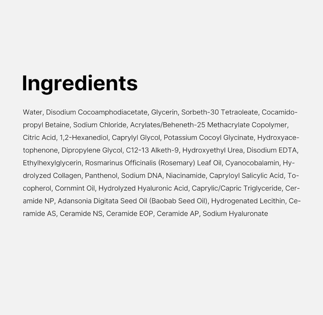 List of ingredients on a white background, Medicube PDRN Hydrating Gel Cleanser 200ml