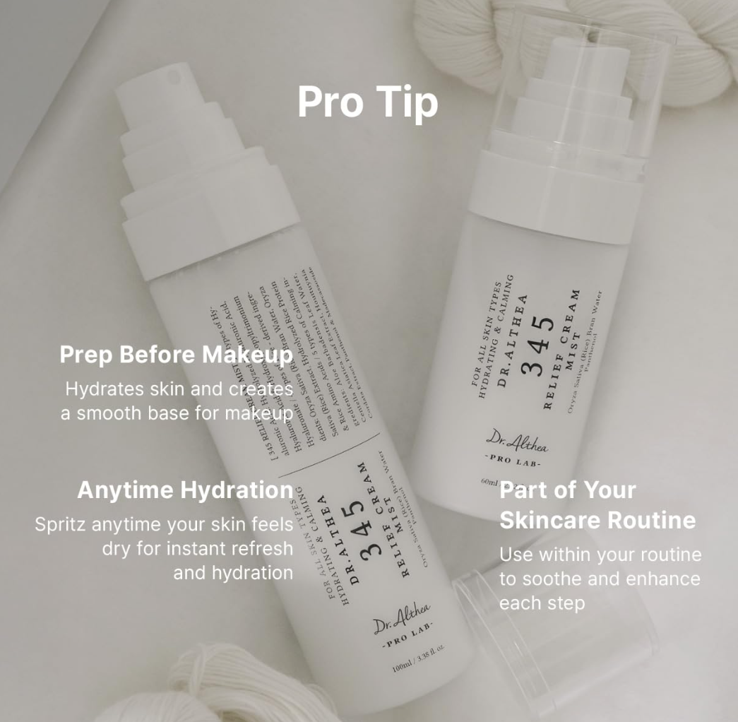 Two skincare bottles with text on a light background, Dr.Althea 345 Relief Cream Mist 100ml