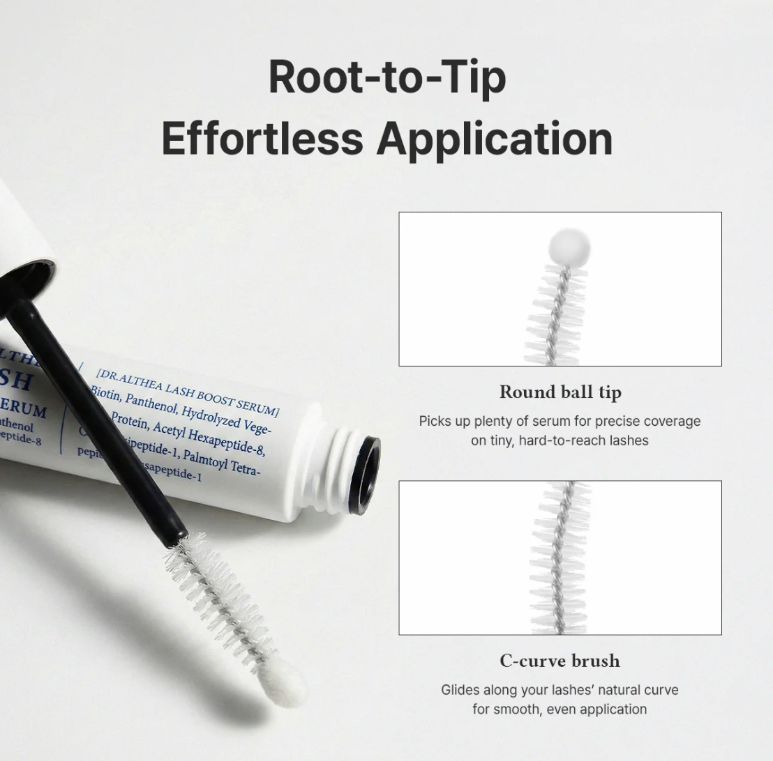 Graph showing clinically proven lash strength improvement with a 18.05% increase after one use, conducted by the Korea Institute of Dermatological Sciences, DR.ALTHEA Lash Boost Serum 9ml