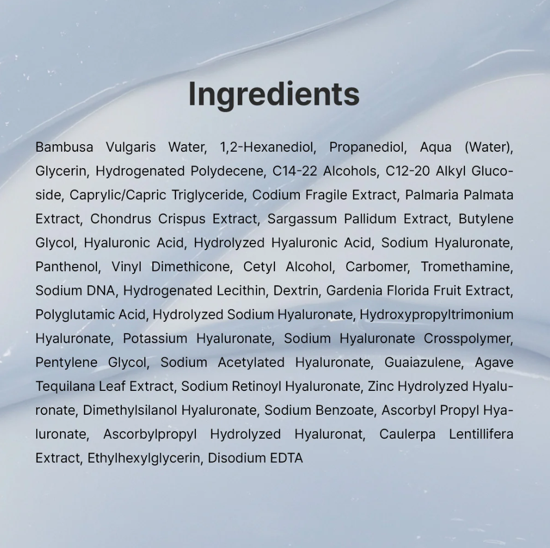 List of ingredients on a product label with a light gray background, Dr.althea Aqua Marine Watery Cream 50ml