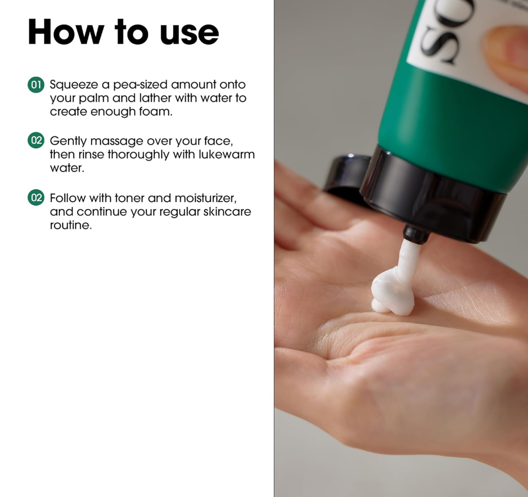 Instructions on how to use a skincare product with a close-up of a hand applying foam, Somebymi AHA.BHA.PHA 30 Days Miracle Acne Clear Foam 100ml