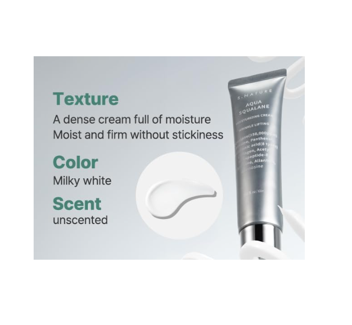 Skincare product packaging with text describing texture, color, and scent on a light gray background, S.nature Aqua Squalane Moisturizing Cream 60ml