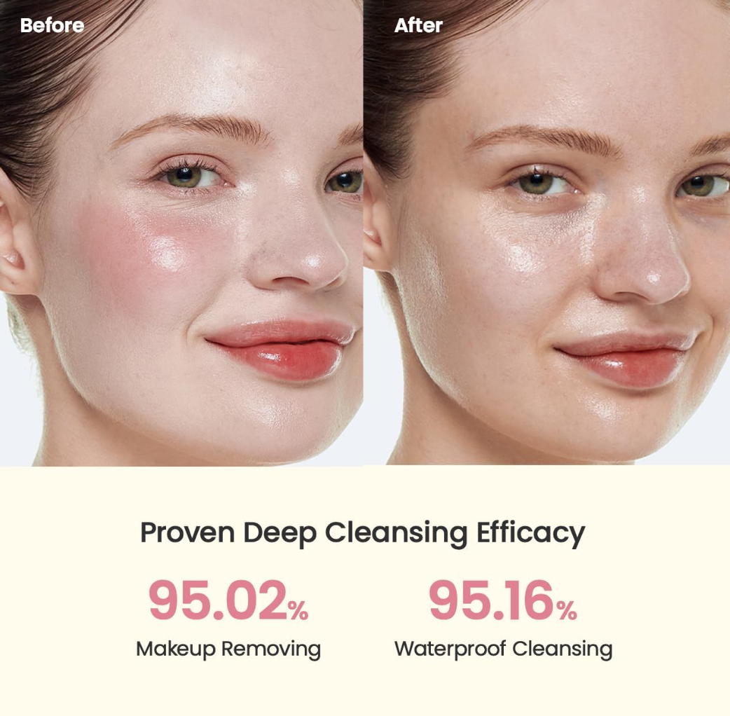 Before and after comparison of a woman's face with proven deep cleansing efficacy percentages, Biodance Collagen Cleansing Oil 200ml