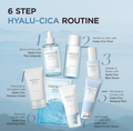 6-step Hyalu-Cica skincare routine with products on a light blue background, SKIN1004 Centella Hyalu-Cica Water-Fit Sun Serum UV SPF 50 50ml