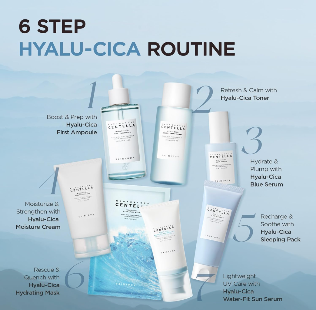 6-step Hyalu-Cica skincare routine with products on a light blue background, SKIN1004 Centella Hyalu-Cica Water-Fit Sun Serum UV SPF 50 50ml
