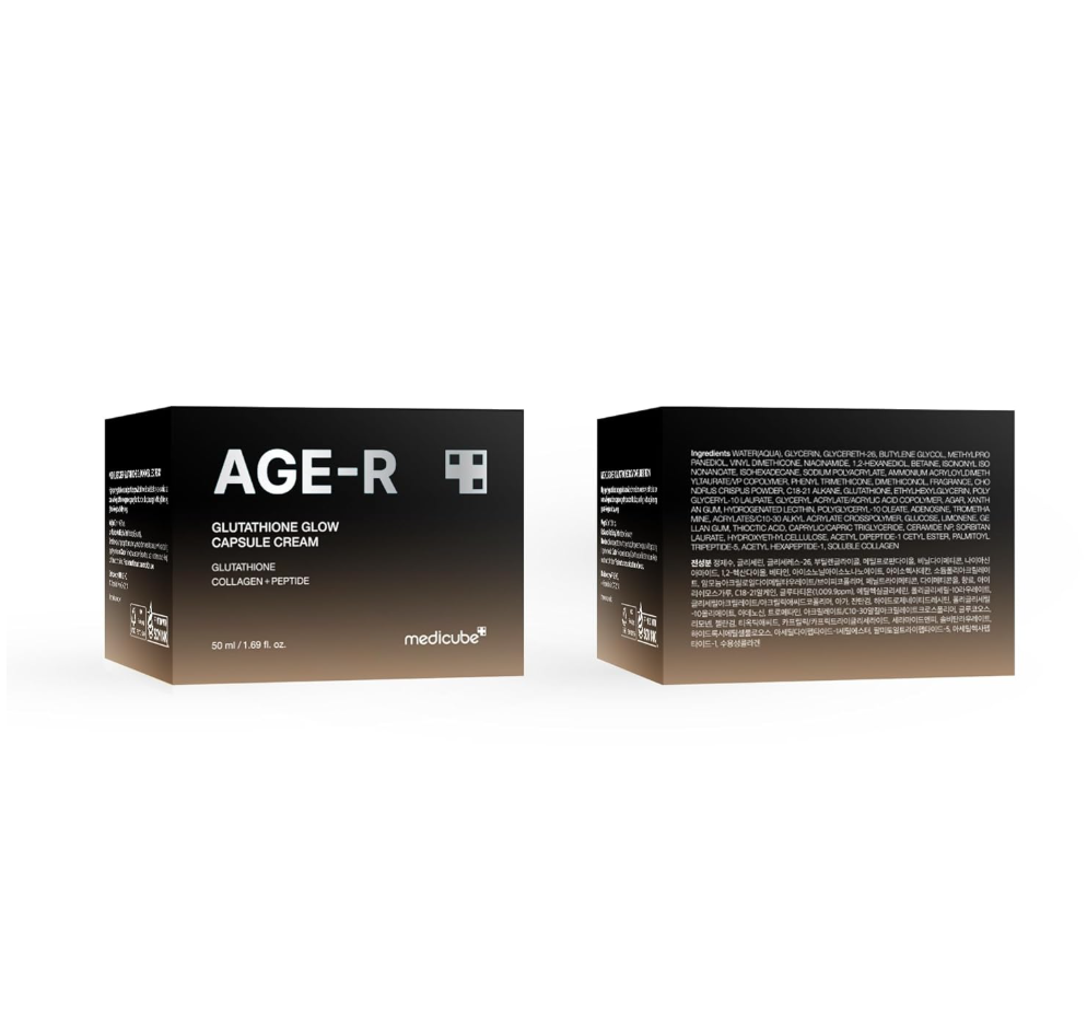 Two black boxes of AGE-R skincare product on a white background, Medicube Age-R Glutathione Glow Capsule Cream 50ml
