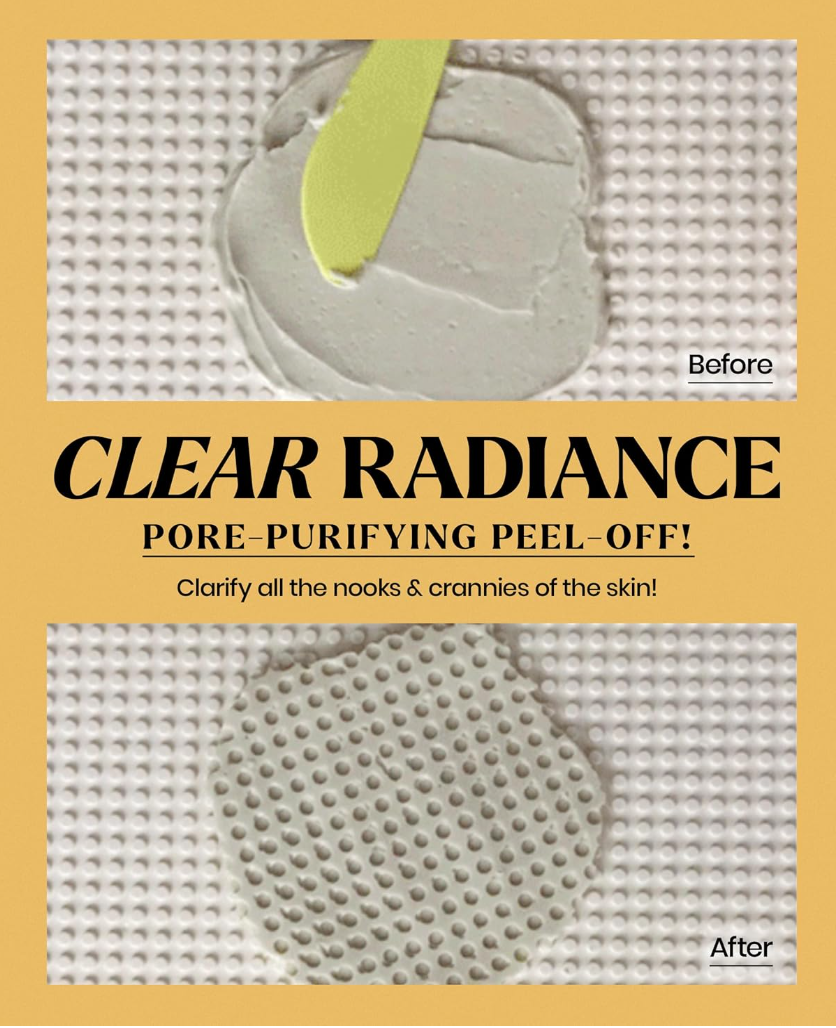 Pore-purifying peel-off mask packaging with 'Clear Radiance' text on a yellow background, Lindsay Calendula Modeling Mask Cup Pack 28g