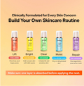 Skincare product lineup with labels for different skin concerns on a peach background, MENOKIN 30 Seconds Quick Bubble Mask CLEAR Cicasome 95ml