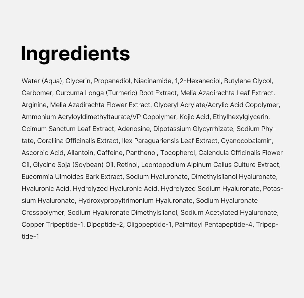 List of ingredients on a white background, MEDICUBE Kojic Acid Turmeric Vita Eye Gel Serum 30ml