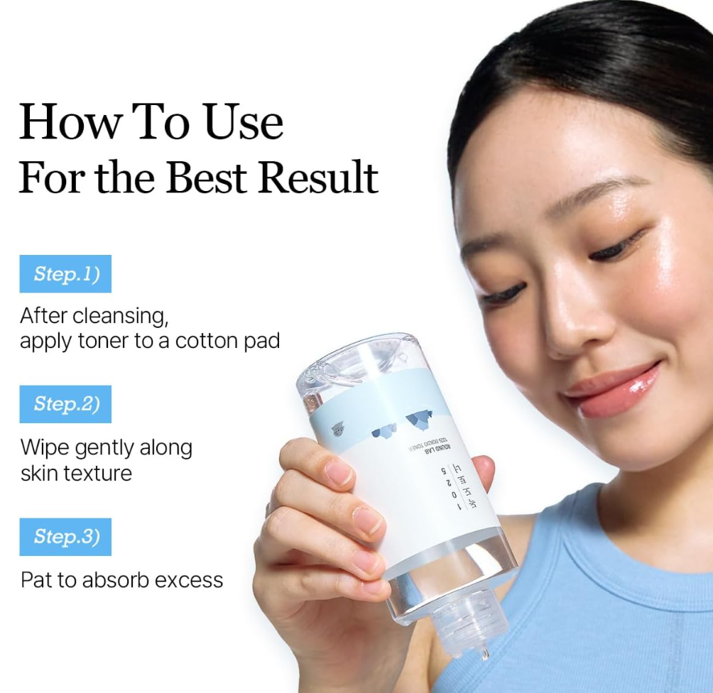 Woman holding a skincare product with instructions on how to use it, Round Lab 1025 Dokdo Toner 500ml