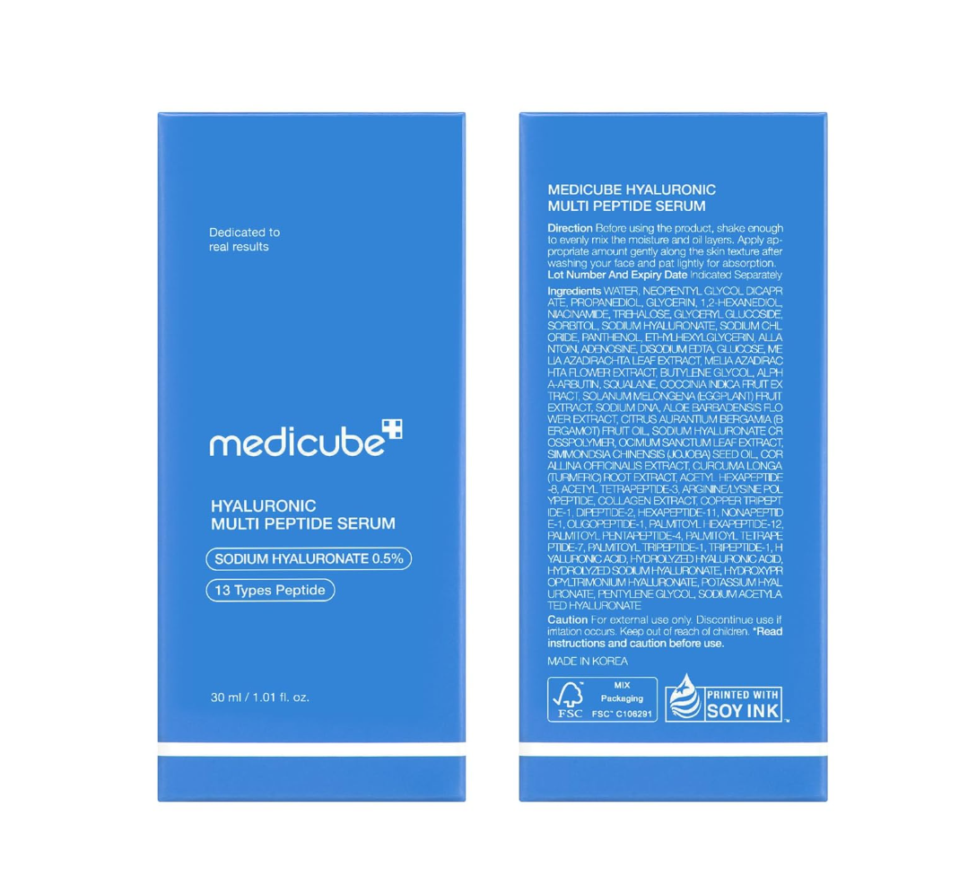 Blue packaging of Medicube Hyaluronic Multi Peptide Serum with text on a white background, Medicube Hyaluronic Multi Peptide Serum 30ml
