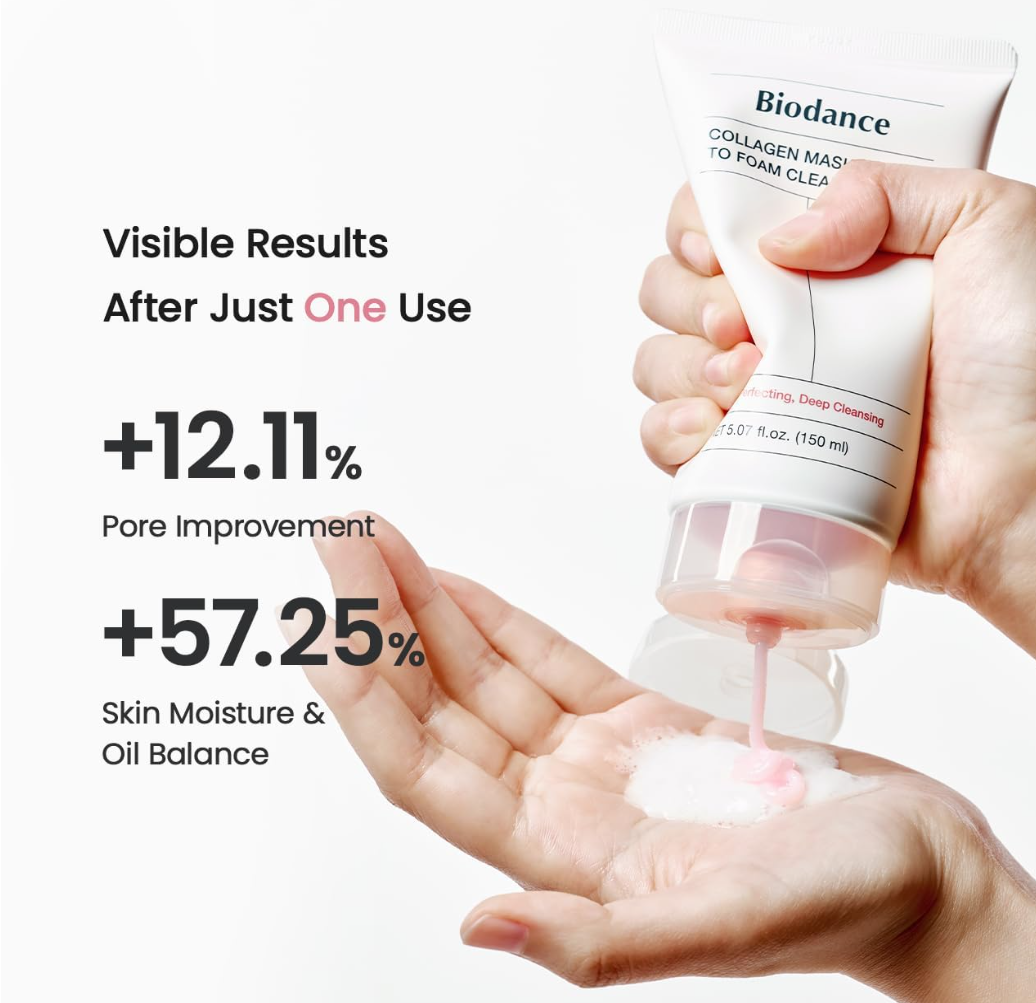 Biodance collagen mask being applied to a hand with visible results text on a white background, Biodance Collagen Mask To Foam Cleanser 150ml