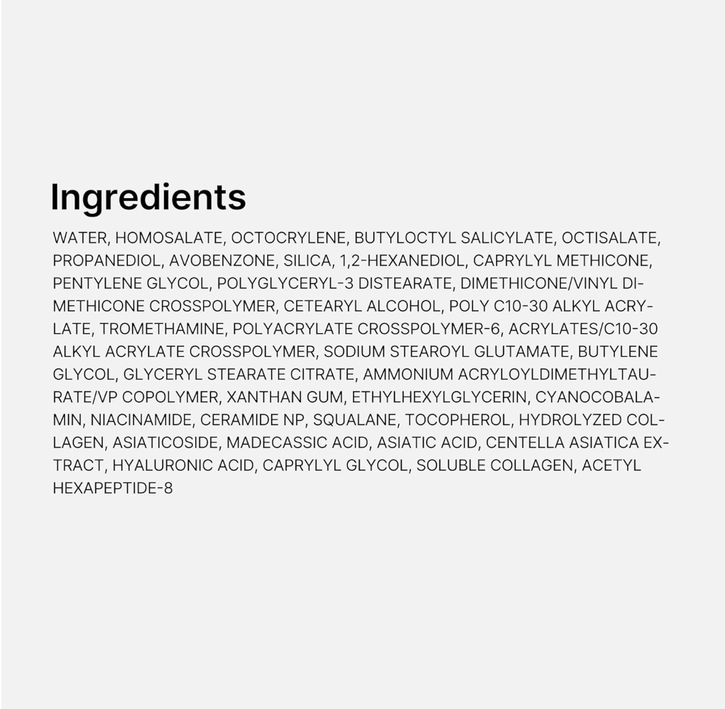 List of ingredients on a white background, Medicube Collagen No Cast Just Glow Sunscreen spf50 50ml