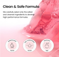 Promotional graphic for a fragrance product with the headline 'Clean & Safe Formula' over a pink translucent gel or wax close-up. Three circular badges at the bottom read 'Dermatologist Tested,' 'Non-Comedogenic Tested,' and 'Fragrance Free, Biodance Collagen Peptide Jelly Serum Mist 50ml