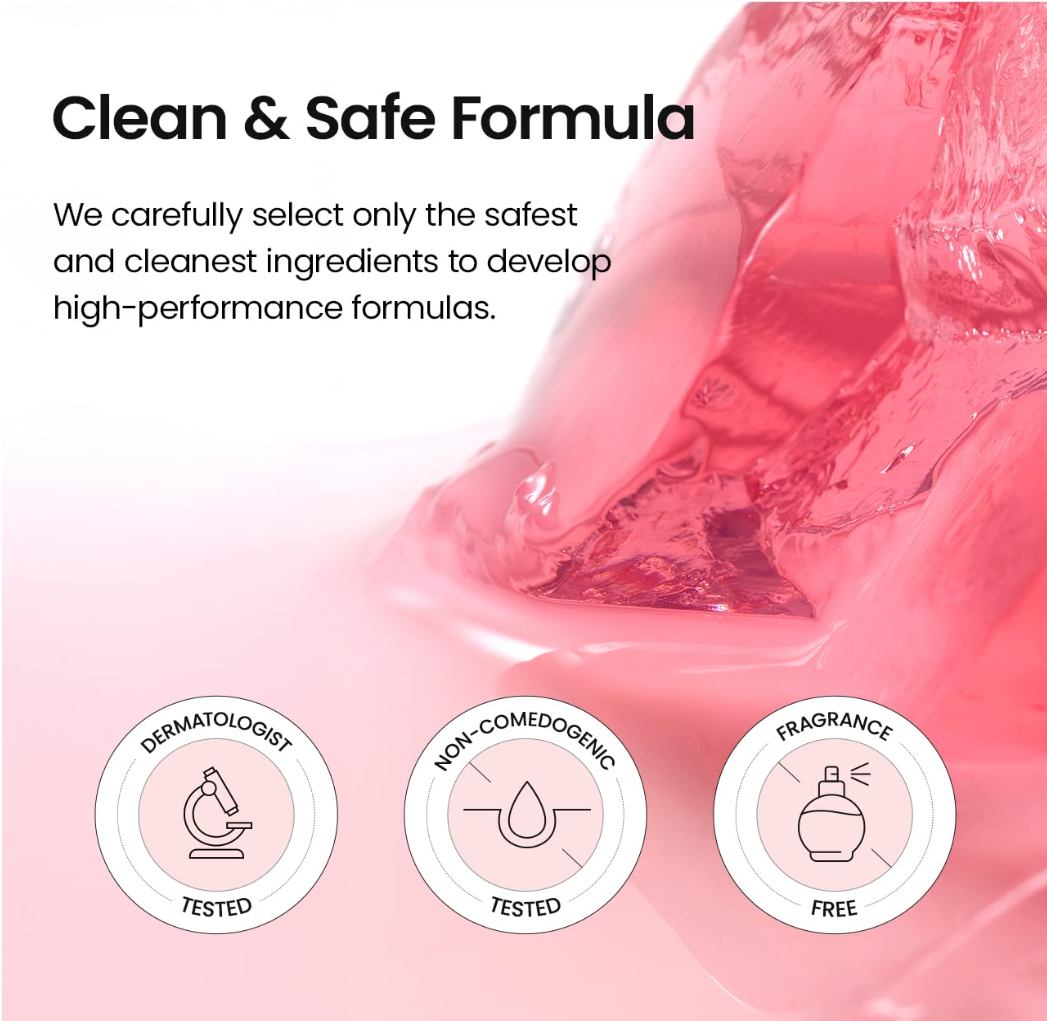 Promotional graphic for a fragrance product with the headline 'Clean & Safe Formula' over a pink translucent gel or wax close-up. Three circular badges at the bottom read 'Dermatologist Tested,' 'Non-Comedogenic Tested,' and 'Fragrance Free, Biodance Collagen Peptide Jelly Serum Mist 50ml