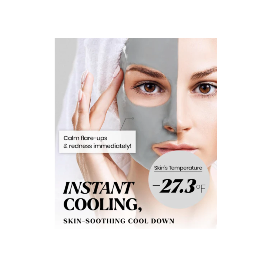 Woman wearing a cooling face mask with text indicating instant cooling and skin soothing effects, Lindsay Charcoal Modeling Mask Cup Pack 28g