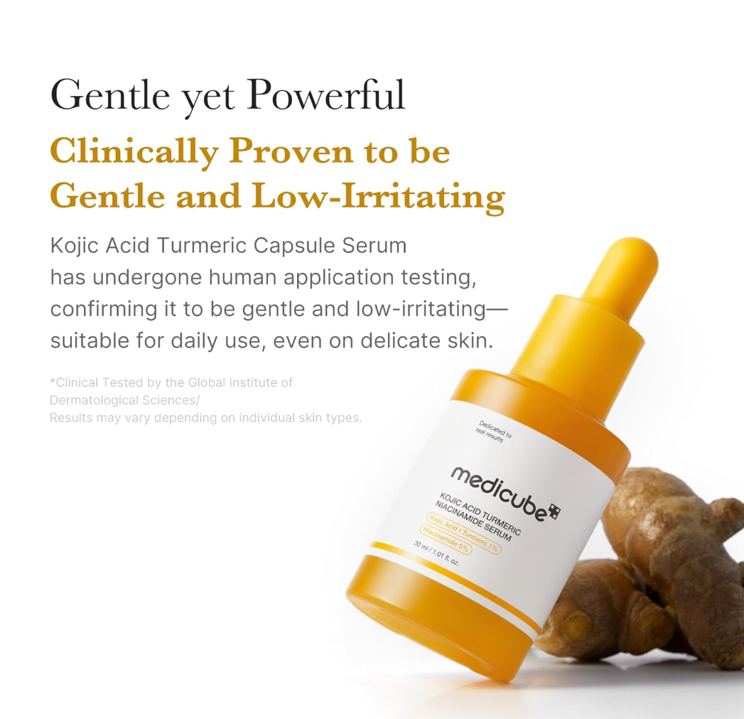 Medicube Kojic Acid Turmeric Capsule Serum bottle with turmeric root on a white background, Medicube Kojic Acid Turmeric Niacinamide Serum 30ml