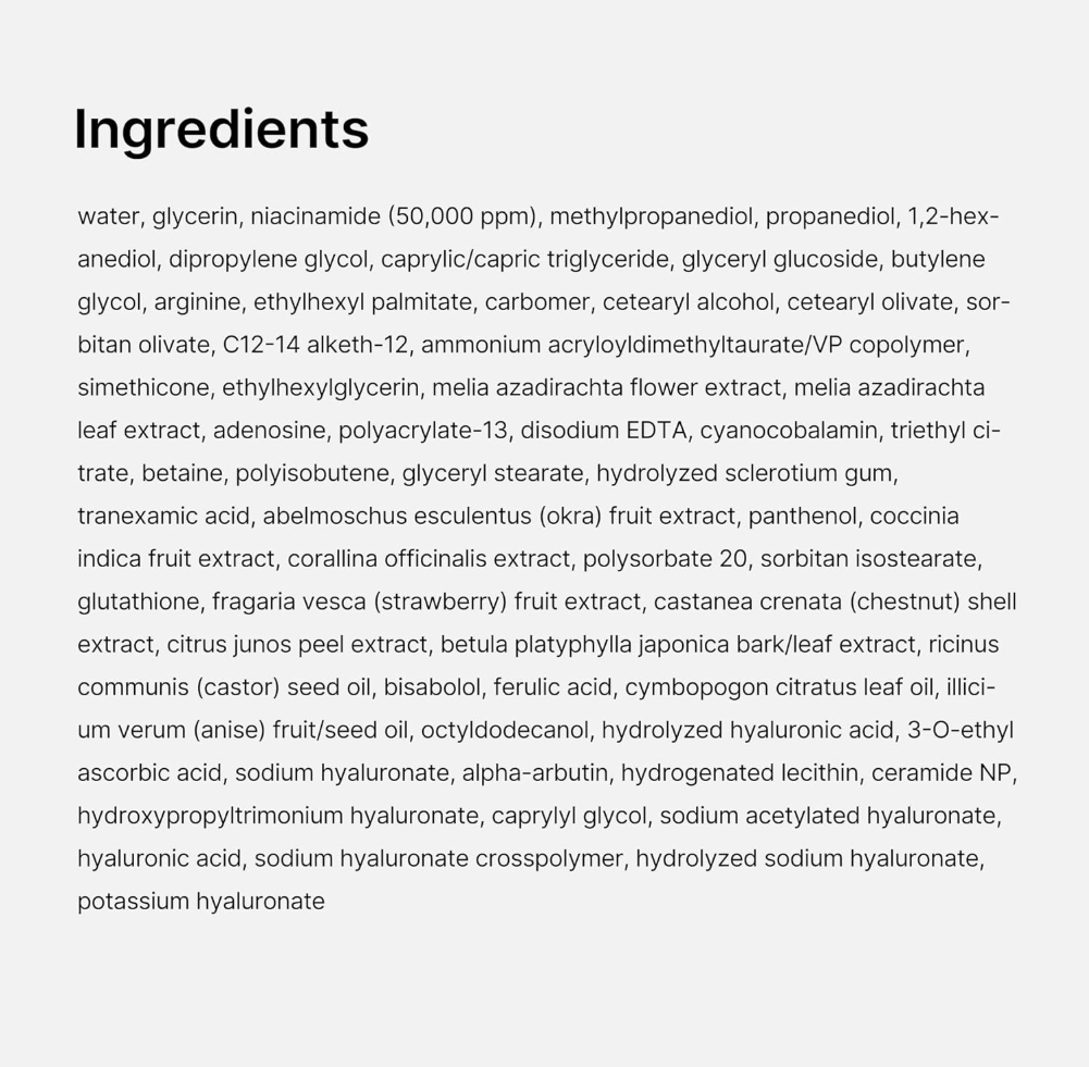List of ingredients on a white background, Medicube TXA Niacinamide Capsule Cream 55g