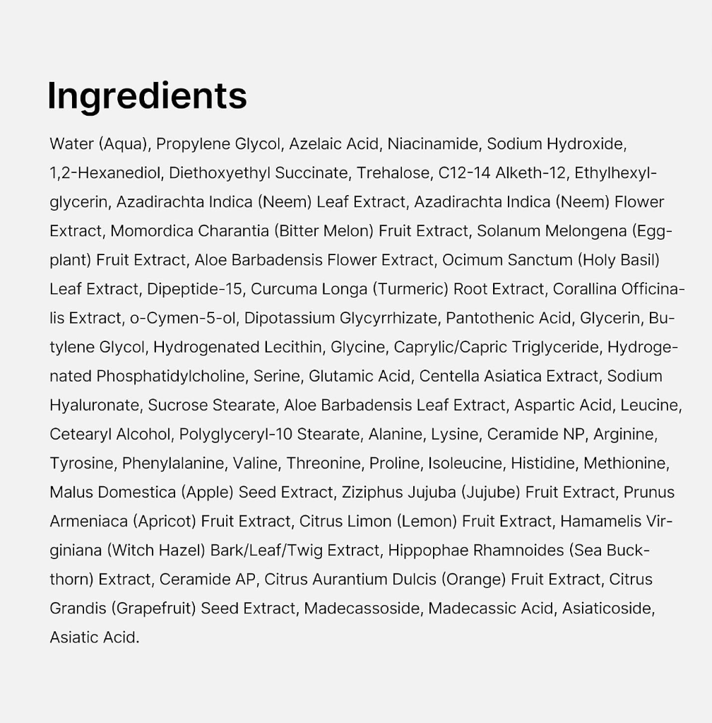 A text-based ingredients list on a white background, with the heading 'Ingredients' and dense black text naming various botanical and chemical components such as water, propylene glycol, azeleic acid, niacinamide, sodium hydroxide, and several fruit and herbal extracts, Medicube Azelaic Acid Niacinamide Clarifying Toner 250ml