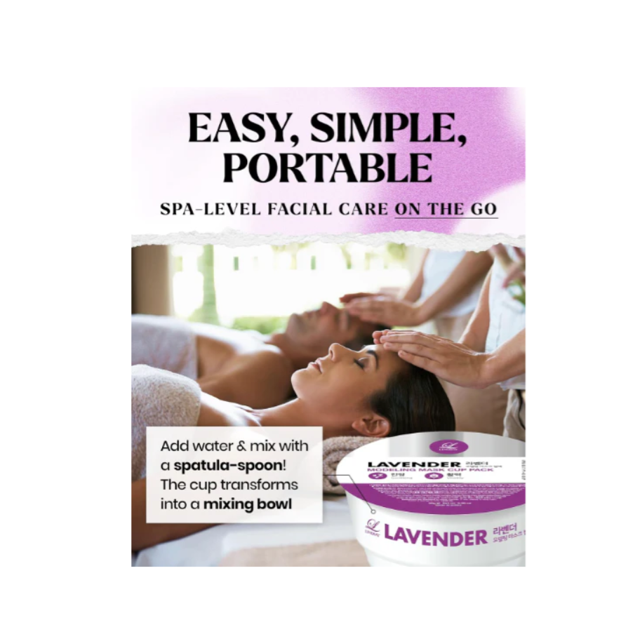 Advertisement for a facial care product with text and a photo of a person receiving a facial, Lindsay Lavender Modeling Mask Cup Pack 28g