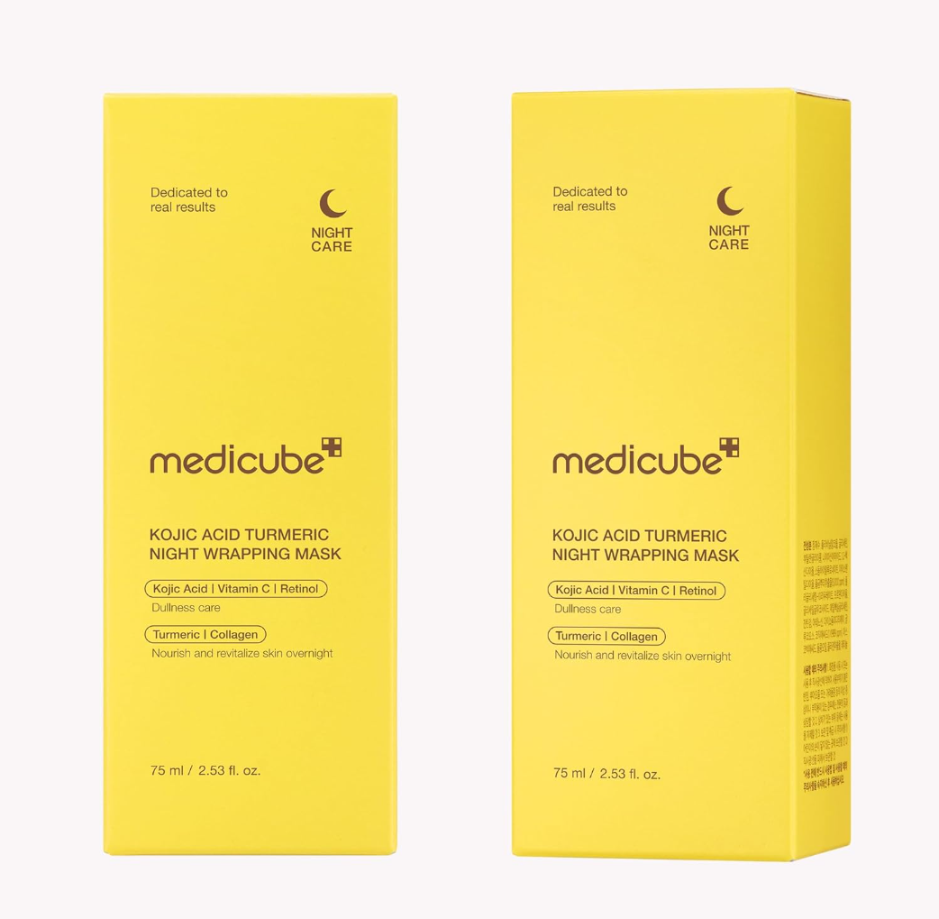Two yellow boxes of Medicube Kojic Acid Turmeric Night Wrapping Mask on a white background, Medicube Kojic Acid Turmeric Night Wrapping Mask 75ml