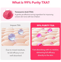Comparison of Impure TXA and 99% Purity TXA with pink powder and clear droplets on a pink background, April Skin TXA Niacinamide 99 Milky Toner 150ml