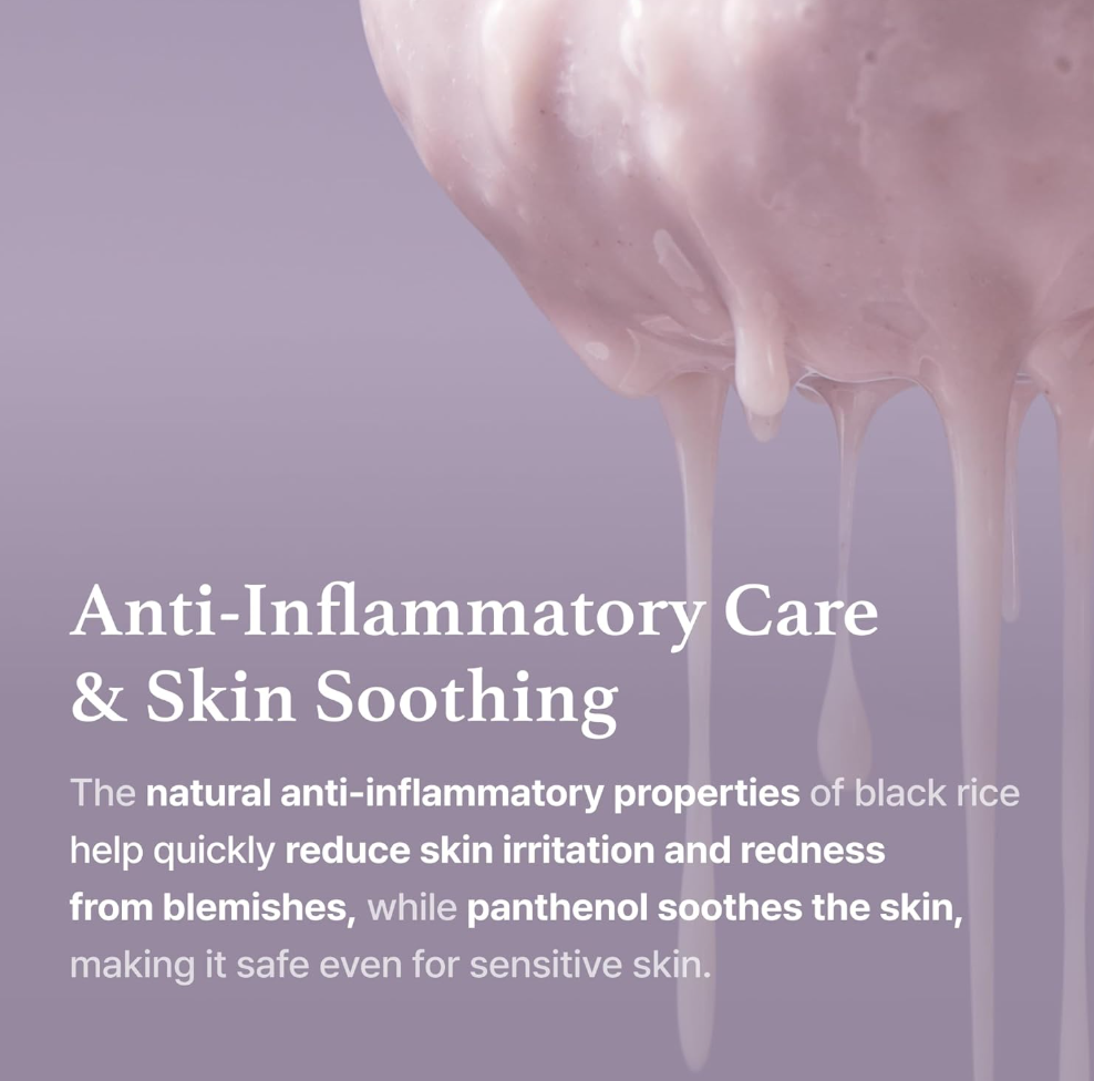 Product with text about anti-inflammatory care and skin soothing on a purple background, I'm From Black Rice Toner 150ml