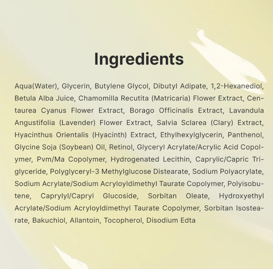 List of ingredients on a beige background, Dr.Althea 0.1% Gentle Retinol Serum 30ml