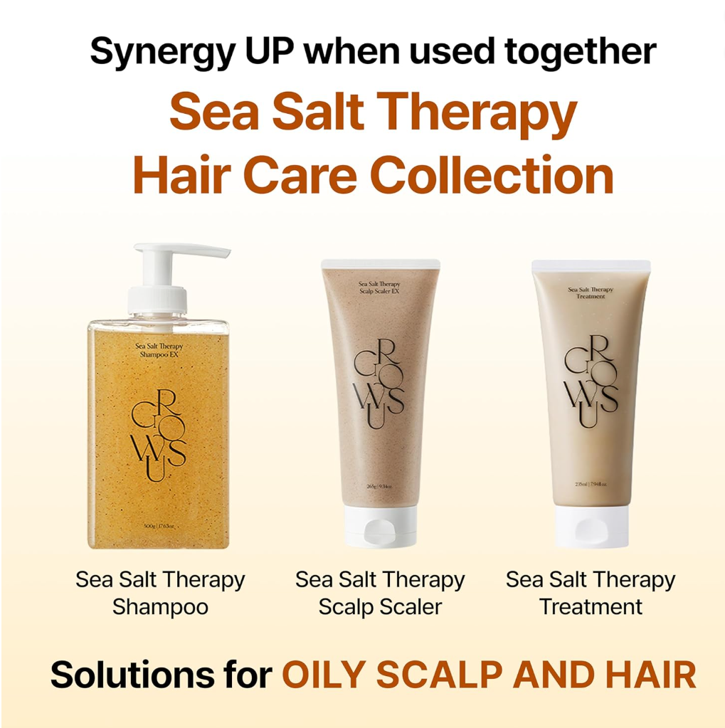 Sea Salt Therapy Hair Care Collection with shampoo, scaler, and treatment on a white background, Growus Sea Salt Therapy Shampoo 500g