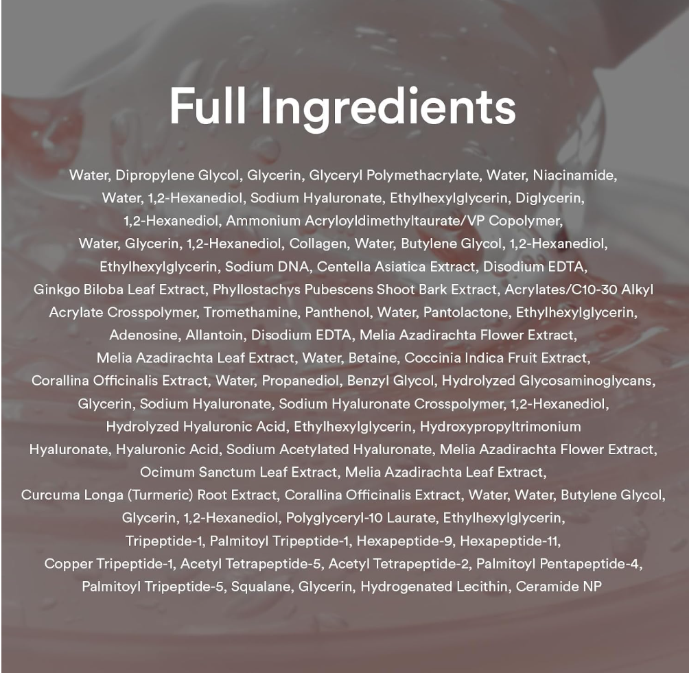 A full ingredients list in white text over a blurred warm-toned background, with no physical product shown, Abib PDRN Collagen Overnight Mask Face Firming Jelly (2.7fl oz / 80ml)