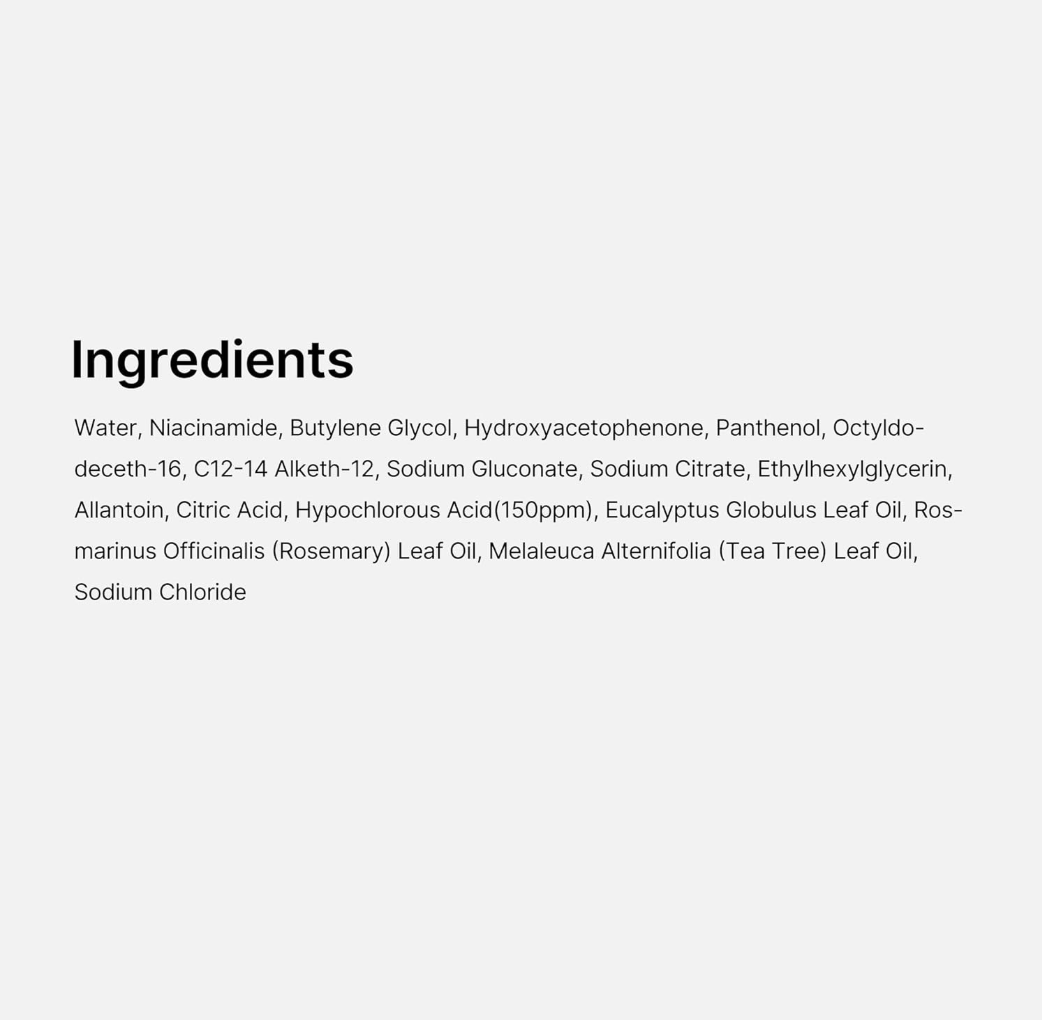 List of ingredients on a white background, Medicube Hypochlorous Acid Daily Facial Spray 125ml
