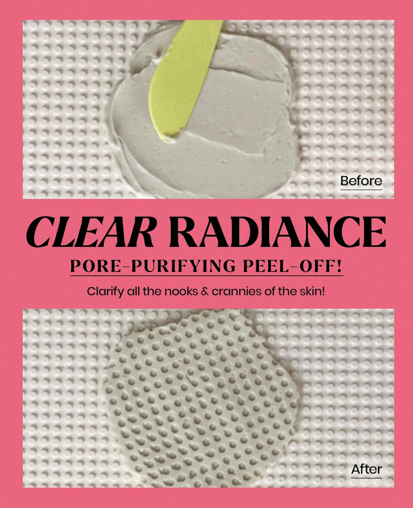 Pore-purifying peel-off mask with 'Clear Radiance' text on a pink background, Lindsay Pearl Modeling Mask Cup Pack 28g