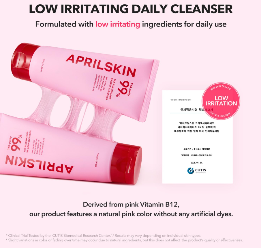 Two pink skincare products with red caps labeled 'APRILSKIN' on a white background, April Skin TXA Niacinamide 99 Deep Cleanser 120g