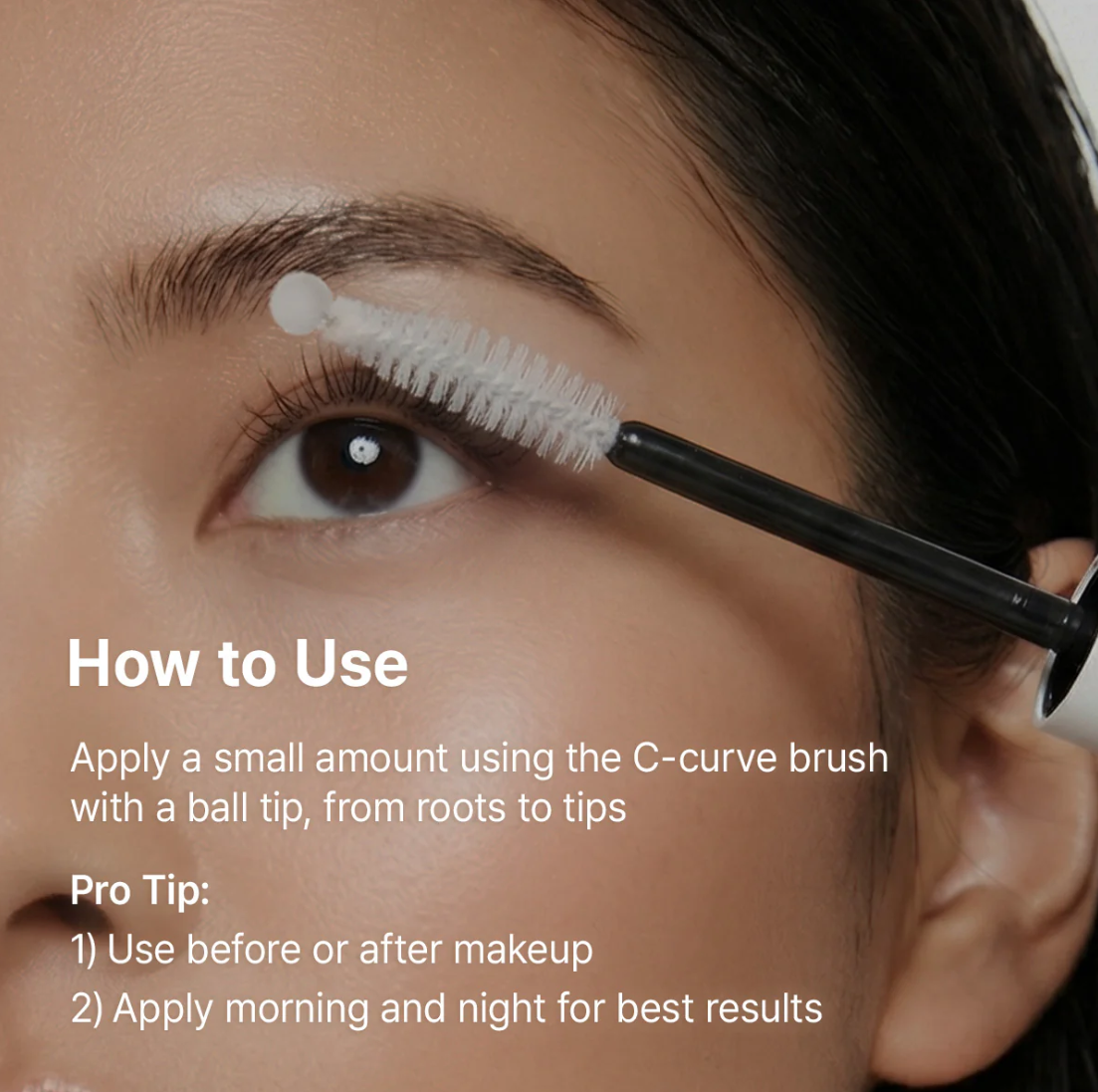 Eyebrow grooming tool with brush applying product to eyebrow, close-up view, DR.ALTHEA Lash Boost Serum 9ml