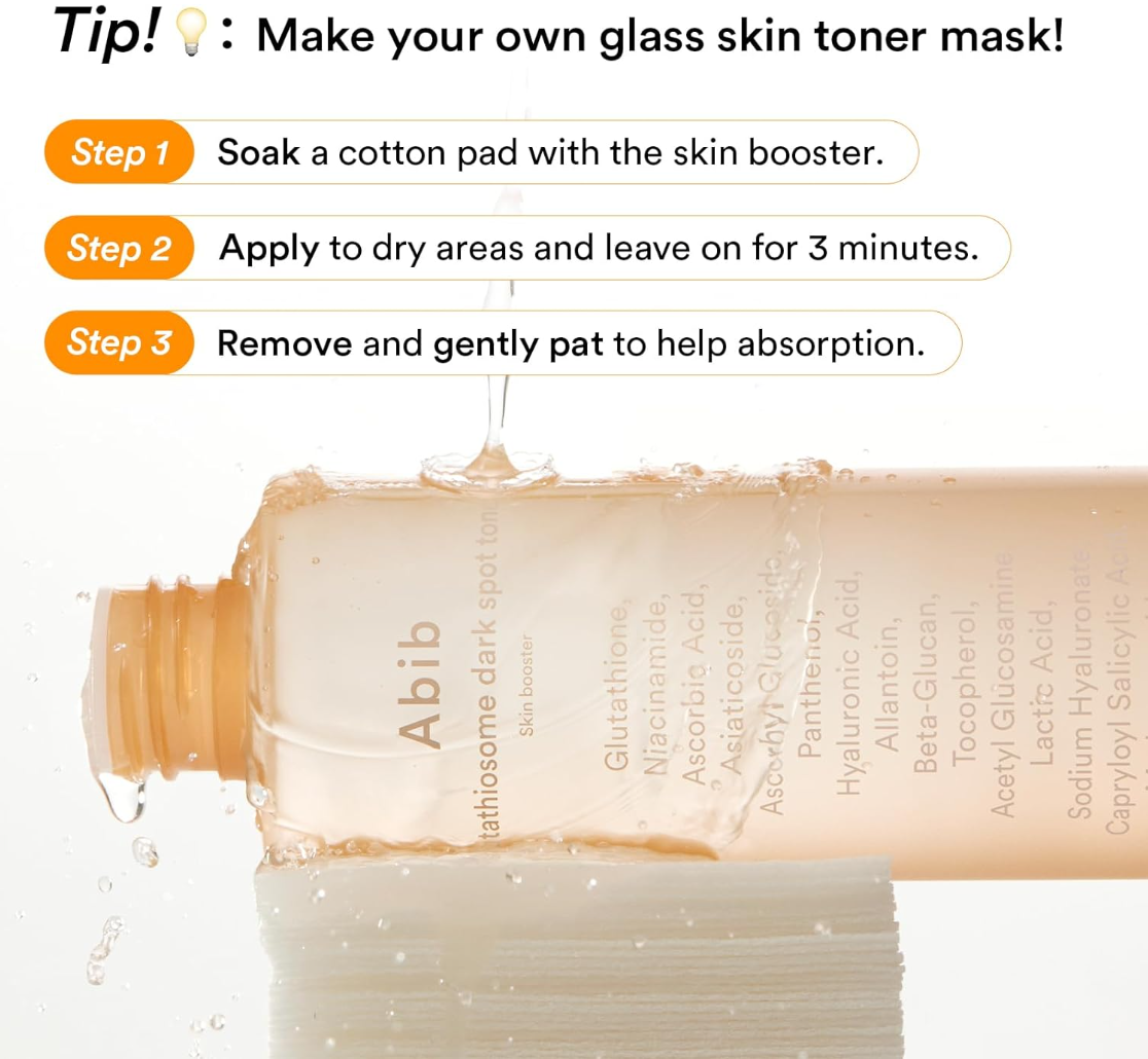 Glass skin toner mask with step-by-step instructions and product name 'Abib' on a white background, Abib Glutathiosome Dark Spot Toner 200ml