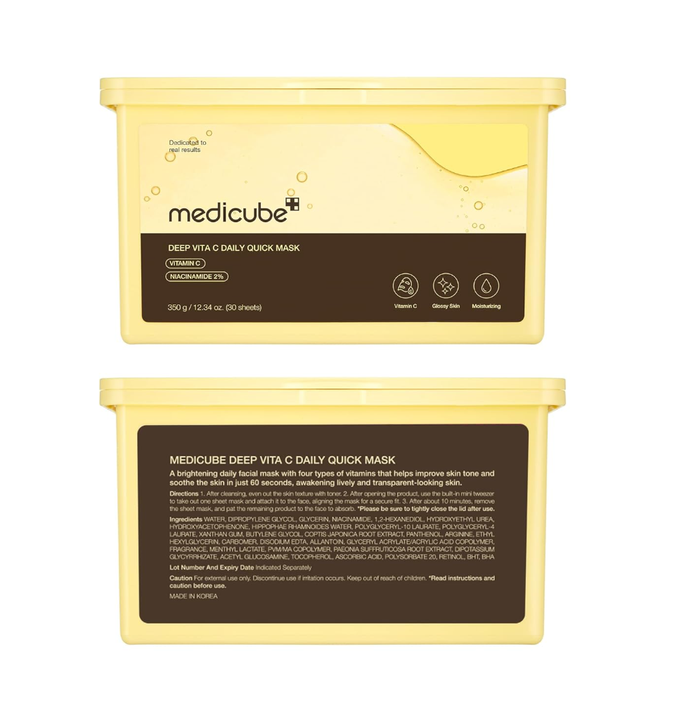 Yellow packaging of Medicube Deep Vita C Daily Quick Mask on a white background, Medicube Deep Vita C Daily Quick Mask 350g 30 sheets