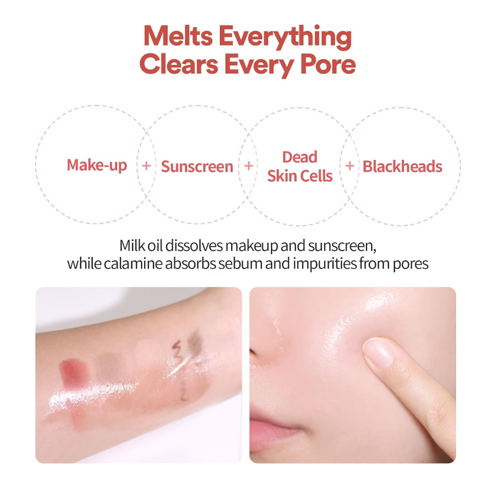 Promotional graphic for a skincare product with the headline 'Melts Everything Clears Every Pore' in red text. Below, dotted circles list benefits: Make-up, Sunscreen, Dead Skin Cells, and Blackheads. TOCOBO Calamine Pore Control Cleansing Oil 200ml