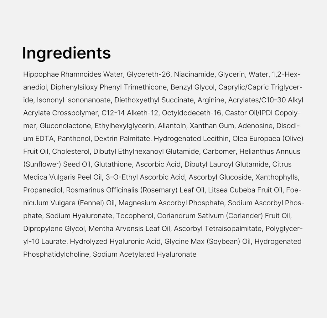A text-based ingredients list on a white background, with the heading 'Ingredients' in black and multiple lines of small black text below detailing the components, Medicube Deep Vita C Capsule Serum 30ml