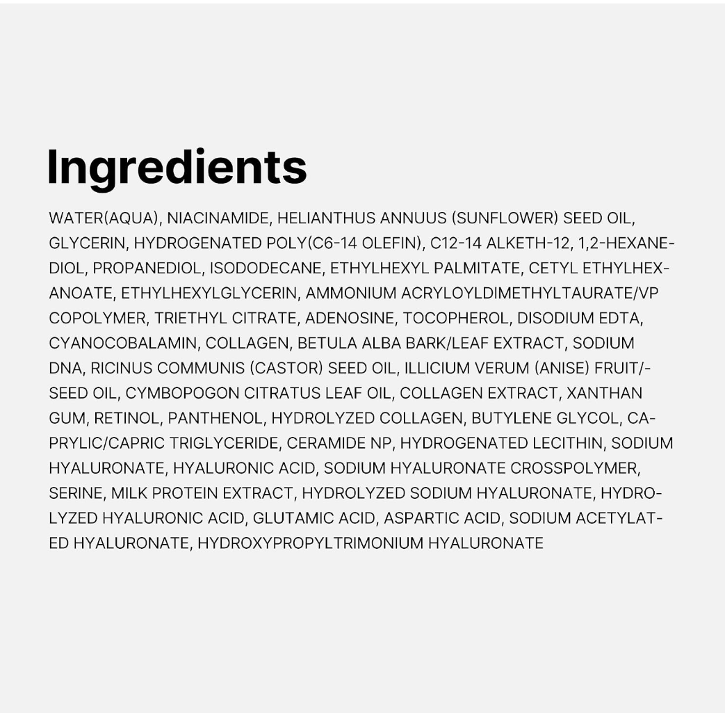 Ingredients list printed in black text on a white background, with the heading 'Ingredients' at the top, Medicube PDRN Pink Collagen Bubble Serum 95ml