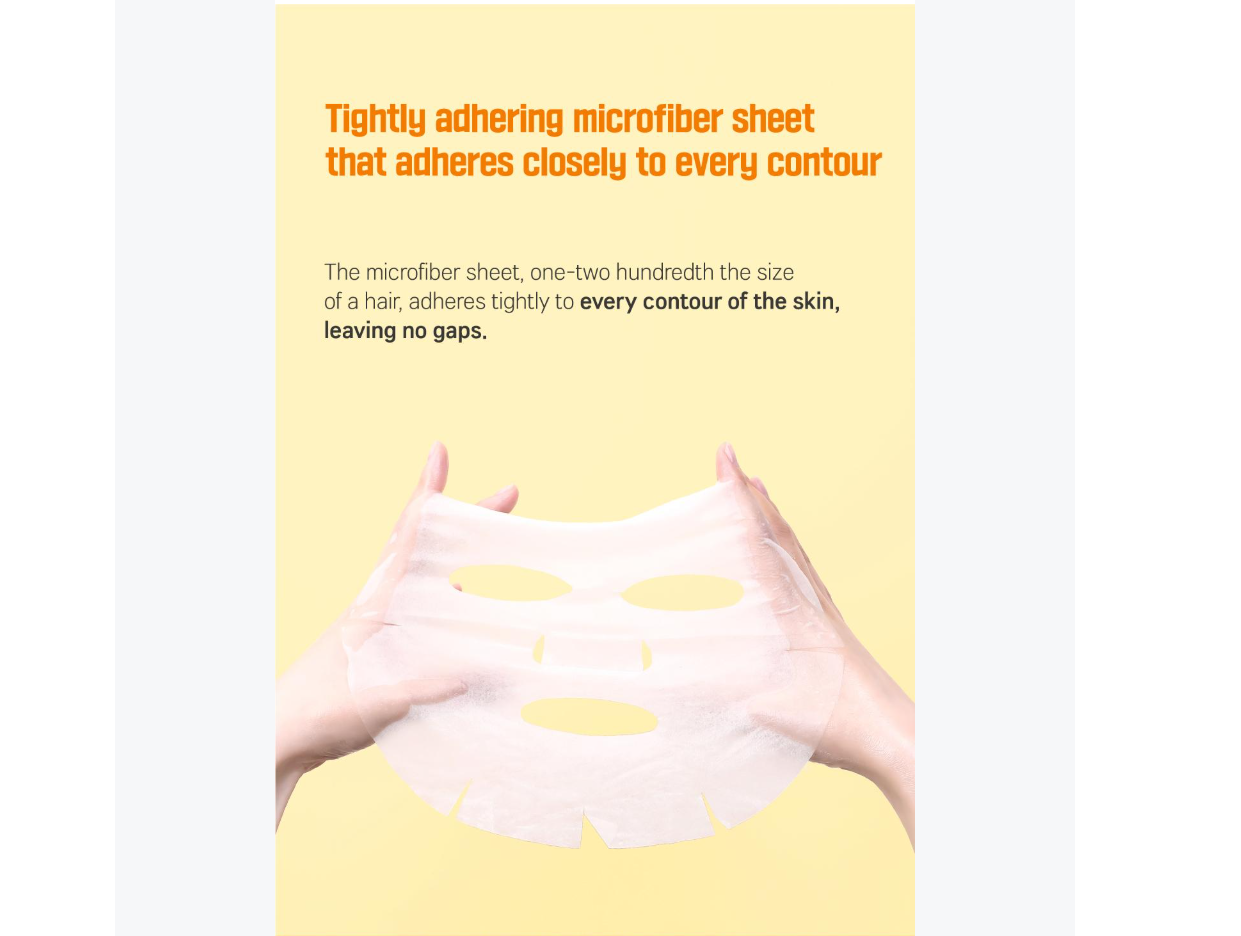 Product advertisement with a person wearing a face mask on a yellow background, Round Lab Vita Niacinamide Dark Spot serum Mask 10ea